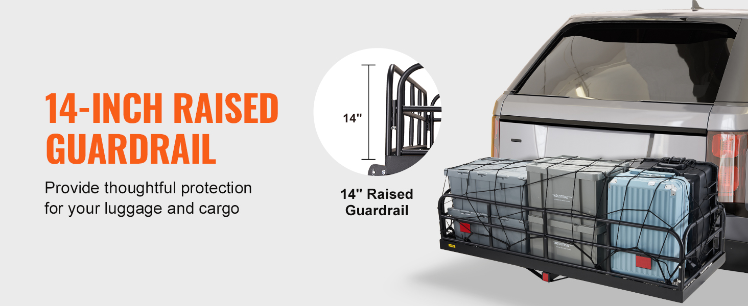 VEVOR trail hitch cargo carrier with 14-inch raised guardrail for luggage and cargo protection.