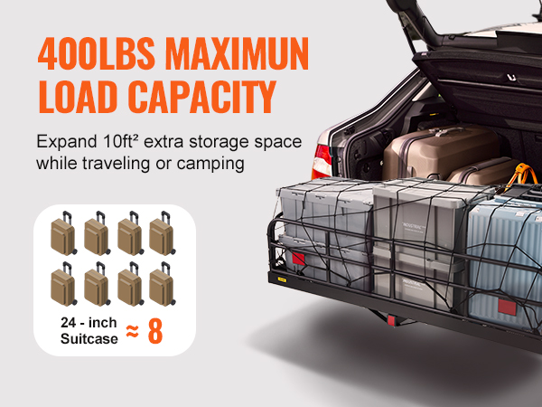 VEVOR trail hitch cargo carrier with 400lbs capacity, attached to a car, holding suitcases.