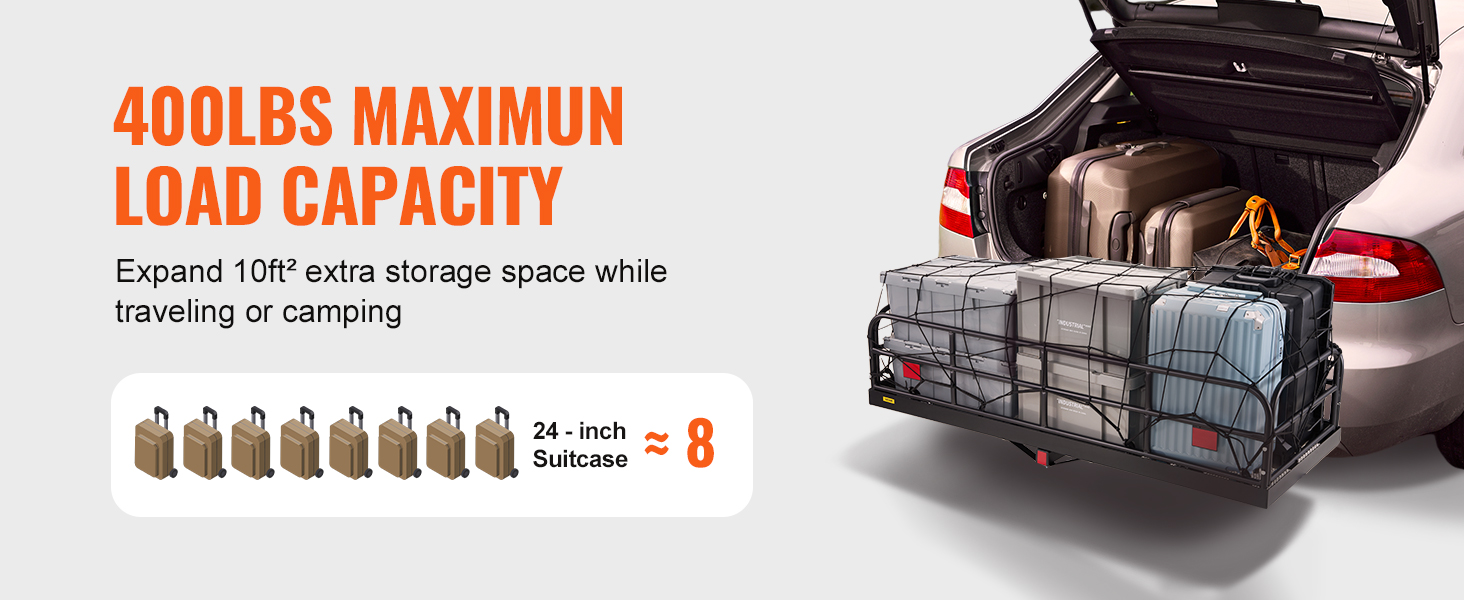 VEVOR trail hitch cargo carrier with 400lbs capacity, attached to a car, holding suitcases.
