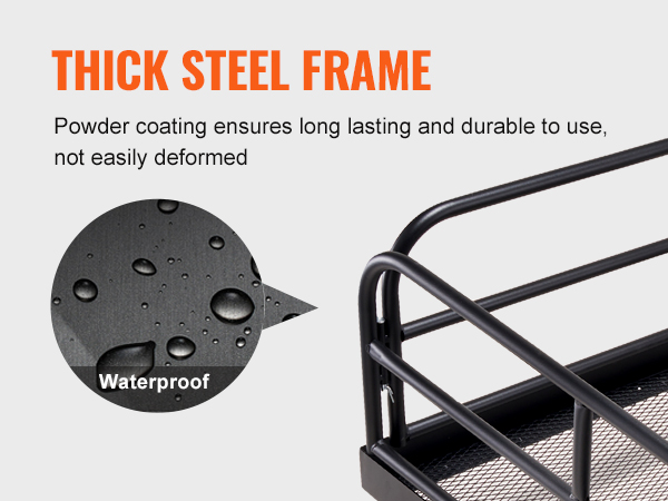 VEVOR trail hitch cargo carrier with thick steel frame and waterproof powder coating for durability.