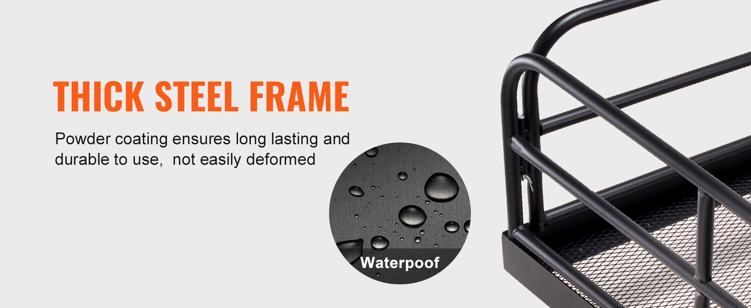 VEVOR trail hitch cargo carrier with thick steel frame and waterproof powder coating for durability.