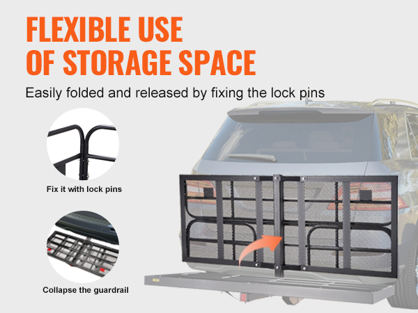 flexible use of the VEVOR trail hitch cargo carrier, easily folded and locked with pins for efficient storage.