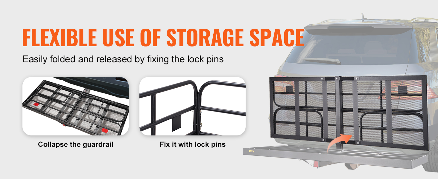 flexible use of the VEVOR trail hitch cargo carrier, easily folded and locked with pins for efficient storage.