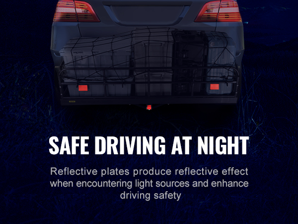car with VEVOR trail hitch cargo carrier, reflective plates for safe night driving, and secure cargo.