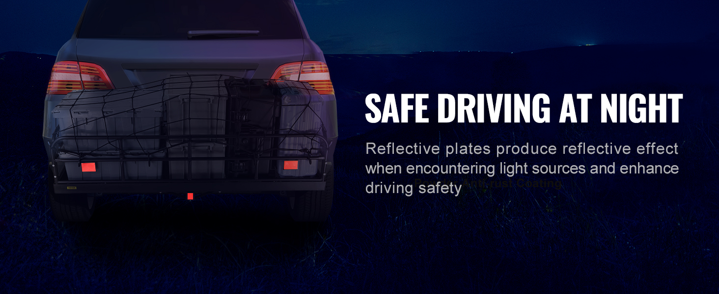car with VEVOR trail hitch cargo carrier, reflective plates for safe night driving, and secure cargo.