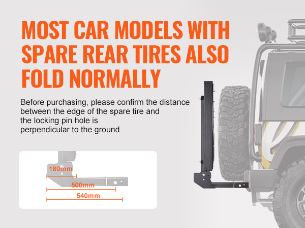 most car models with spare rear tires fit VEVOR trail hitch cargo carrier specifications and fold normally.