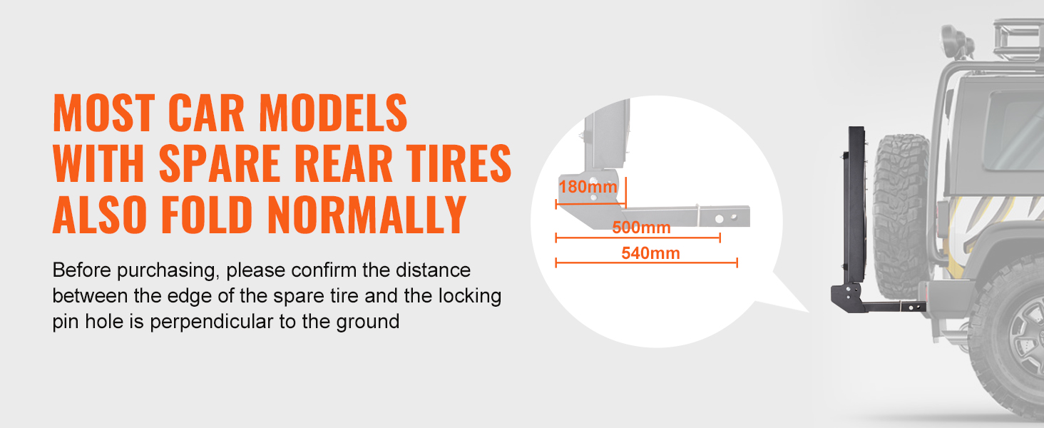 most car models with spare rear tires fit VEVOR trail hitch cargo carrier specifications and fold normally.