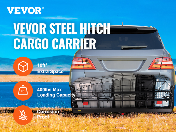 VEVOR trail hitch cargo carrier attached to an suv, providing 10ft² extra space and 400lbs capacity.