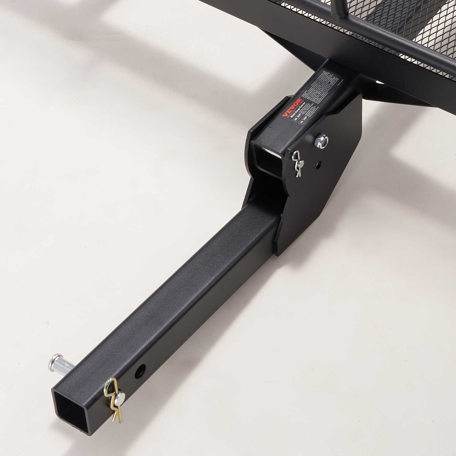 VEVOR trail hitch cargo carrier showing black metal hitch and securing pins.