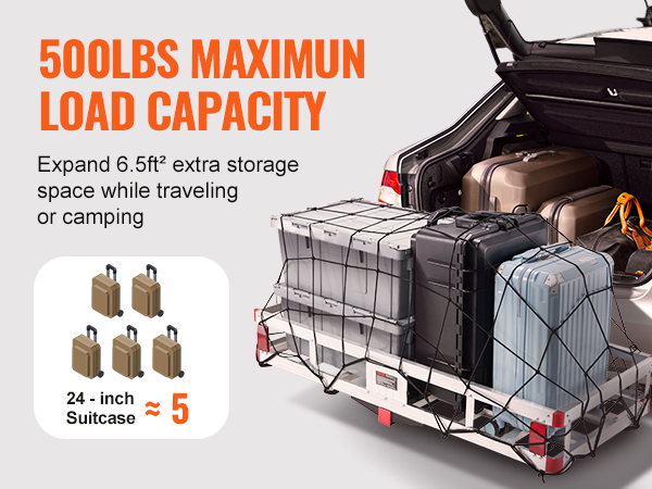 500lbs load capacity, VEVOR hitch cargo carrier loaded with suitcases, expanding travel storage.