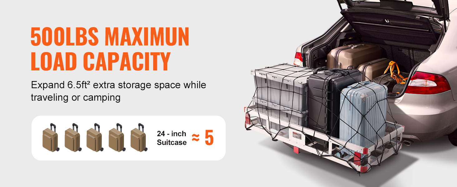 500lbs load capacity, VEVOR hitch cargo carrier loaded with suitcases, expanding travel storage.