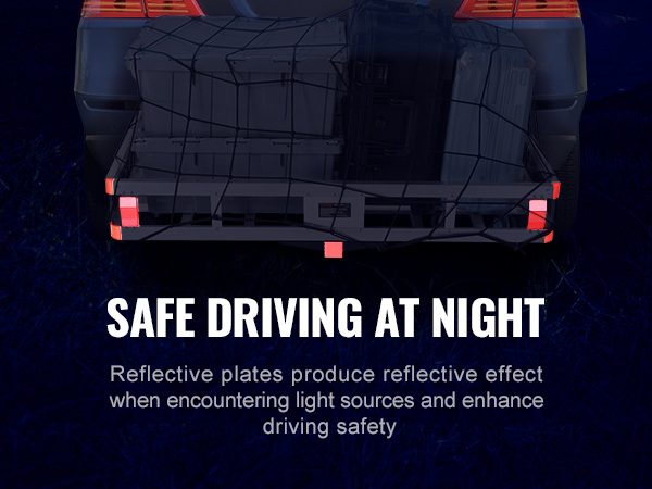 vehicle with VEVOR hitch cargo carrier, reflective plates for safe night driving.