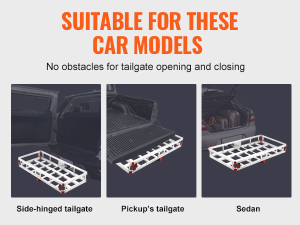 VEVOR hitch cargo carrier compatible with pickup, side-hinged, and sedan tailgates for unobstructed use.