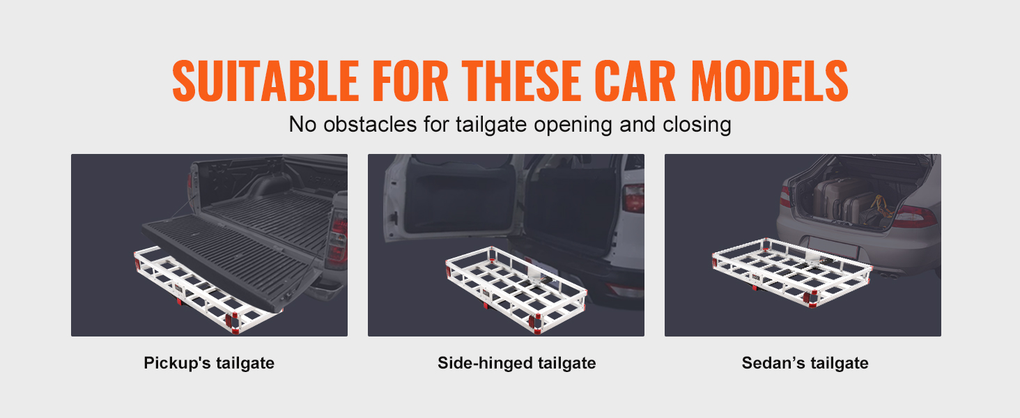 VEVOR hitch cargo carrier compatible with pickup, side-hinged, and sedan tailgates for unobstructed use.
