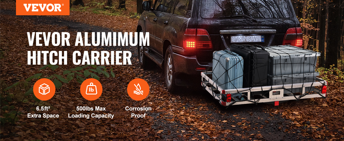 suv on forest road with VEVOR hitch cargo carrier loaded with bins and luggage, highlighting extra space.