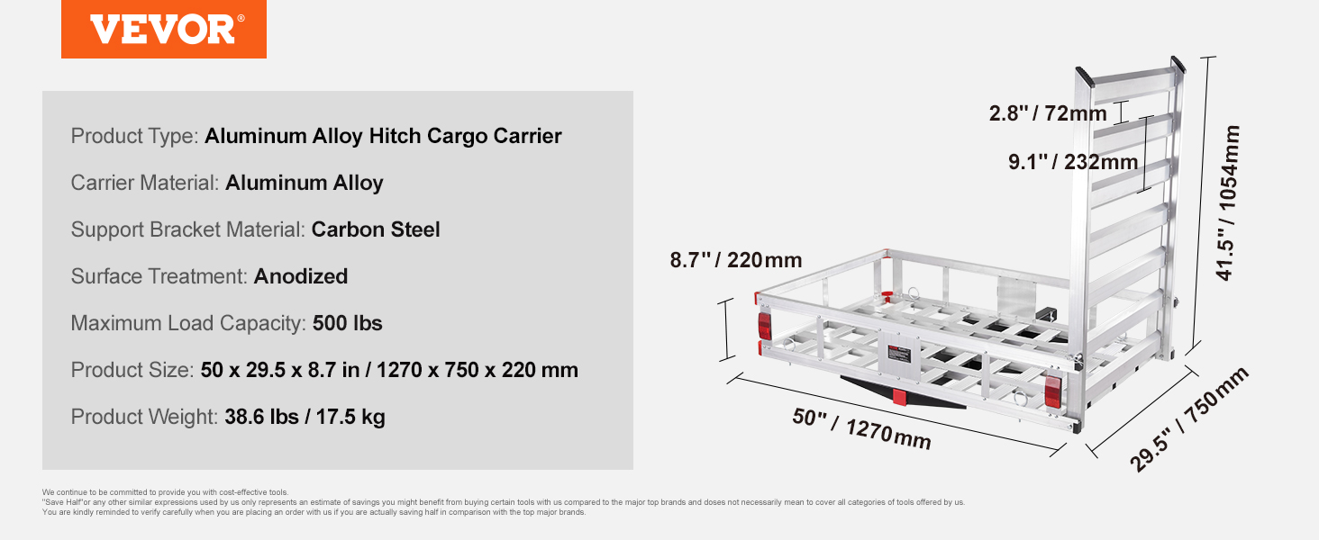 VEVOR hitch cargo carrier specs: aluminum alloy, 50x29.5x8.7 in, 500 lbs capacity, 38.6 lbs weight.