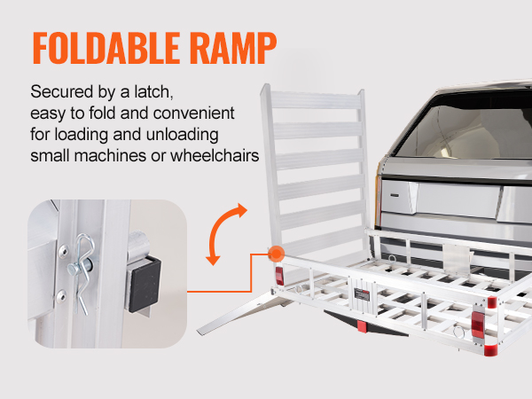 foldable ramp of VEVOR hitch cargo carrier attached to suv, secured by latch, convenient for loading.