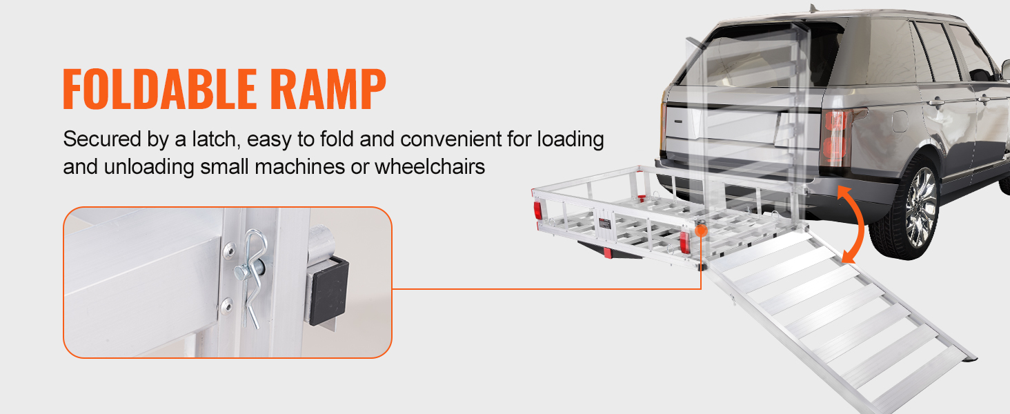 foldable ramp of VEVOR hitch cargo carrier attached to suv, secured by latch, convenient for loading.