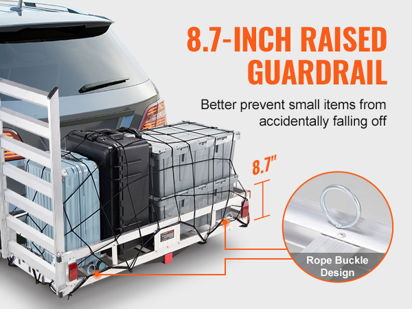VEVOR hitch cargo carrier with 8.7-inch raised guardrail, packed with luggage and secured by rope buckle.