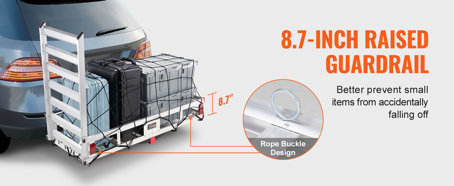 VEVOR hitch cargo carrier with 8.7-inch raised guardrail, packed with luggage and secured by rope buckle.