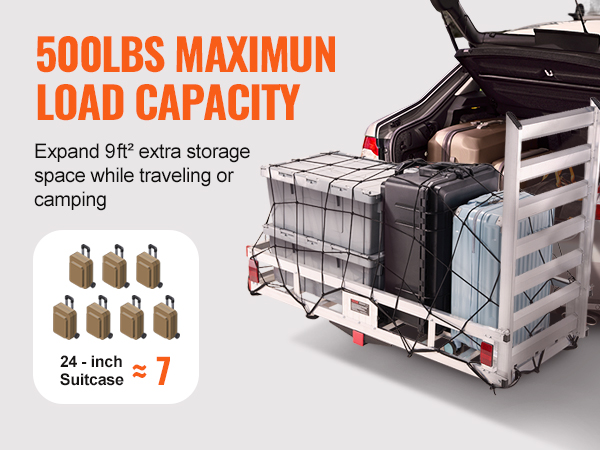 VEVOR hitch cargo carrier: 500lbs load capacity, 9ft² extra storage, fits 7 suitcases, perfect for travel.