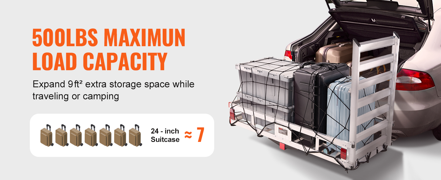 VEVOR hitch cargo carrier: 500lbs load capacity, 9ft² extra storage, fits 7 suitcases, perfect for travel.