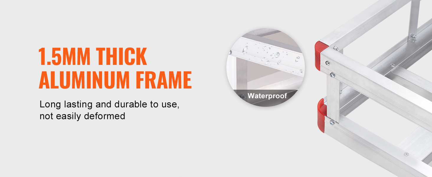 1.5mm thick aluminum frame of VEVOR hitch cargo carrier, durable and waterproof.