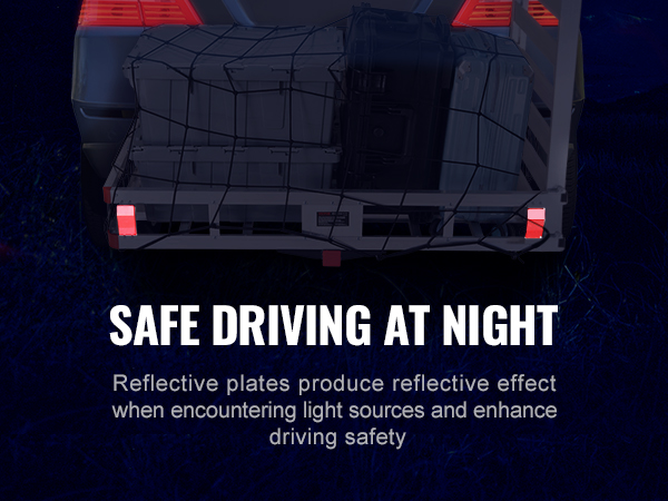 car with VEVOR hitch cargo carrier at night showing reflective plates for enhanced safety.