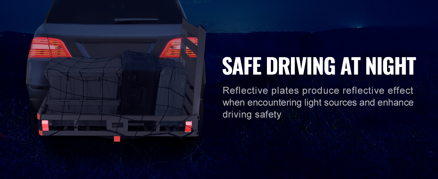 car with VEVOR hitch cargo carrier at night showing reflective plates for enhanced safety.