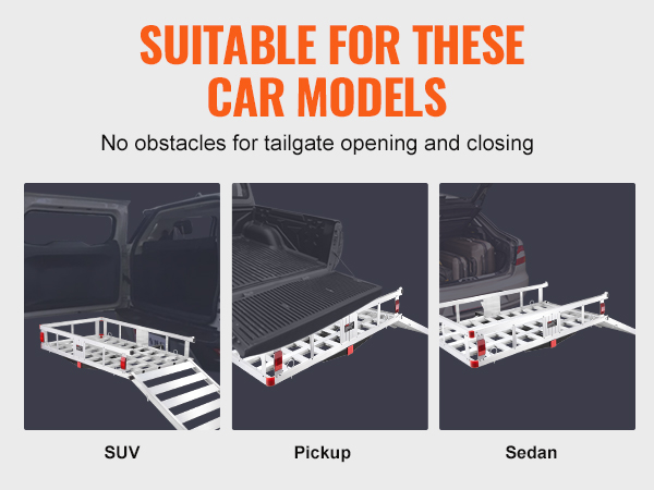 VEVOR hitch cargo carrier compatible with suv, pickup, and sedan ensuring smooth tailgate operation.