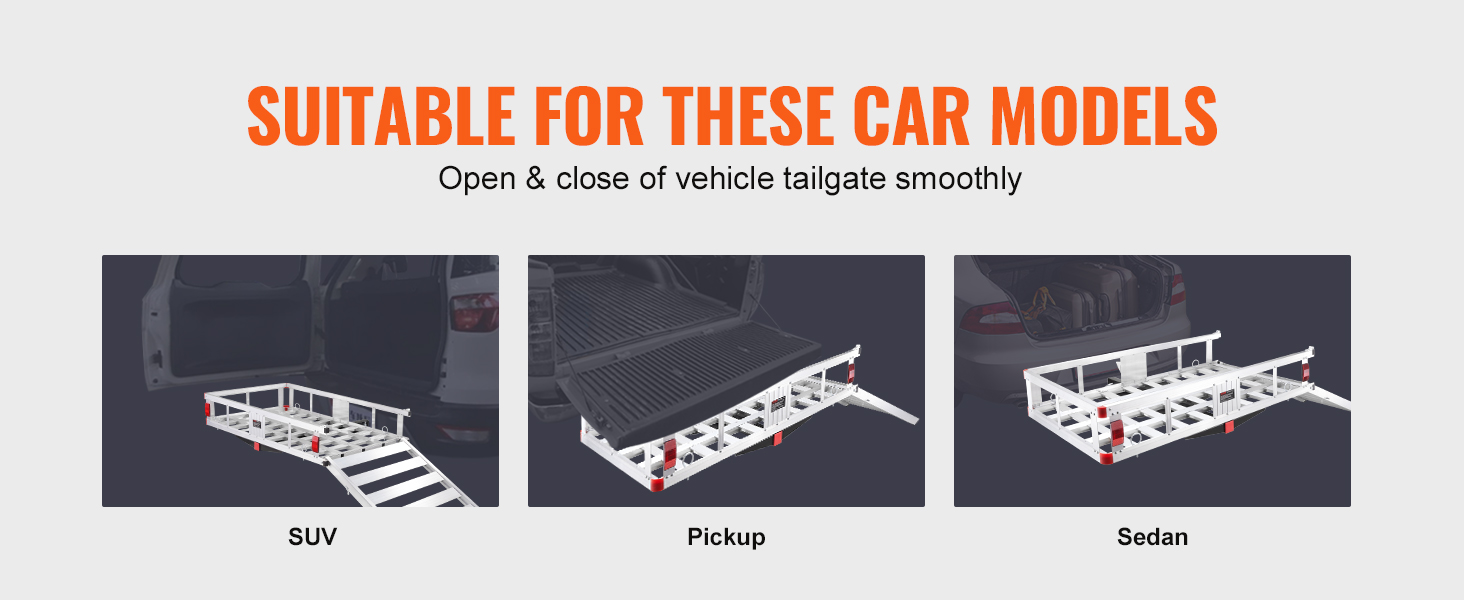 VEVOR hitch cargo carrier compatible with suv, pickup, and sedan ensuring smooth tailgate operation.