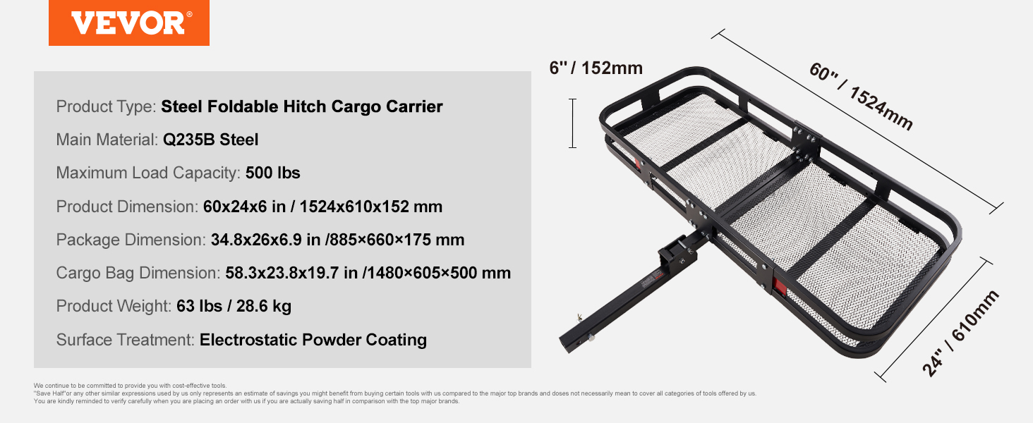 VEVOR hitch cargo carrier, steel, foldable, 500 lbs capacity, 60x24x6 in, 63 lbs weight.