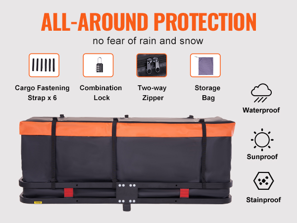 VEVOR hitch cargo carrier: all-around protection, waterproof, sunproof, stainproof, and secure features.
