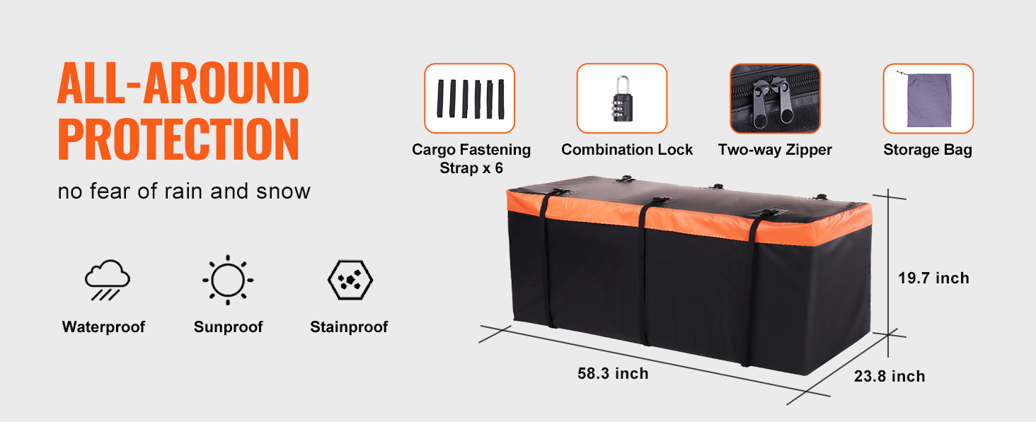 VEVOR hitch cargo carrier: all-around protection, waterproof, sunproof, stainproof, and secure features.