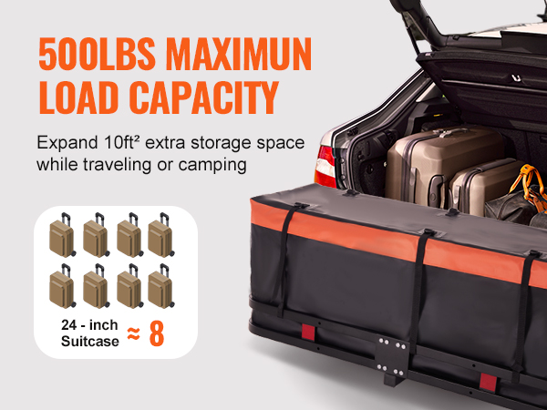 VEVOR hitch cargo carrier on a car with 500lbs max load capacity for 10ft² storage, fits eight 24-inch suitcases.