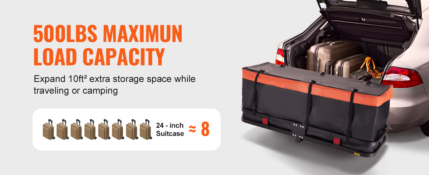 VEVOR hitch cargo carrier on a car with 500lbs max load capacity for 10ft² storage, fits eight 24-inch suitcases.