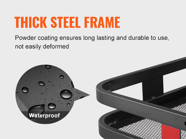 thick steel frame with powder coating, ensuring the VEVOR hitch cargo carrier is durable and waterproof.