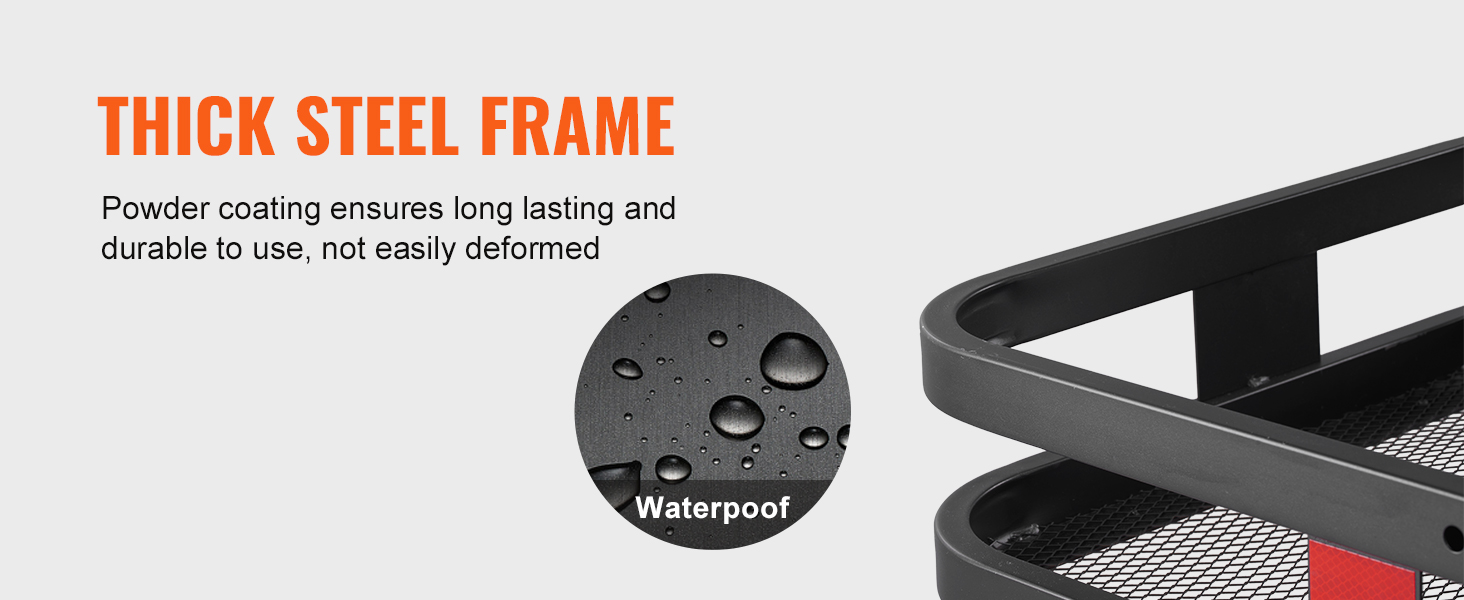 thick steel frame with powder coating, ensuring the VEVOR hitch cargo carrier is durable and waterproof.