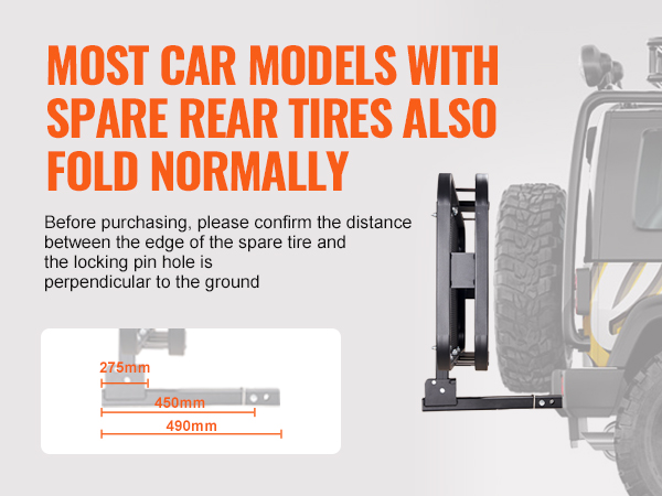 VEVOR hitch cargo carrier fits most car models with spare rear tires, folds normally, distance measures