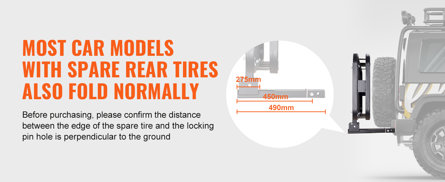 VEVOR hitch cargo carrier fits most car models with spare rear tires, folds normally, distance measures