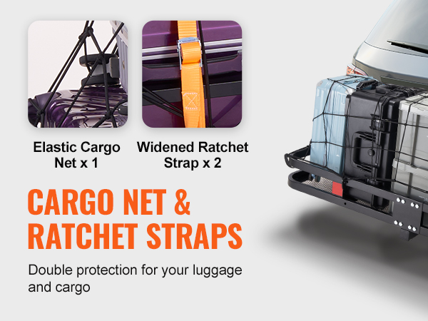 VEVOR hitch cargo carrier with elastic cargo net and widened ratchet straps securing luggage.