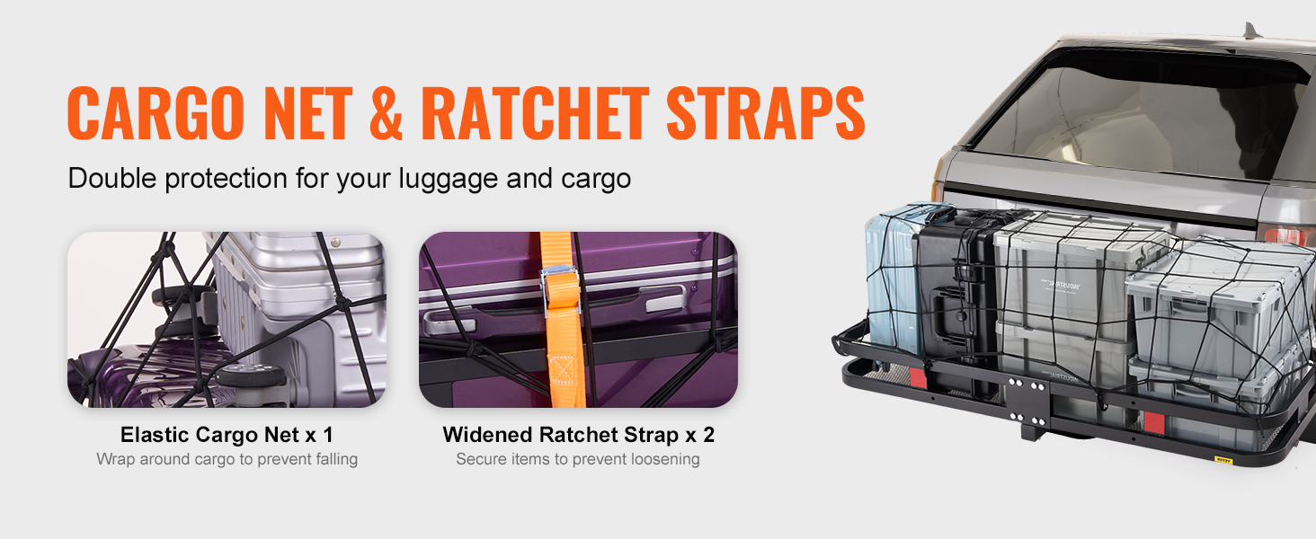 VEVOR hitch cargo carrier with elastic cargo net and widened ratchet straps securing luggage.