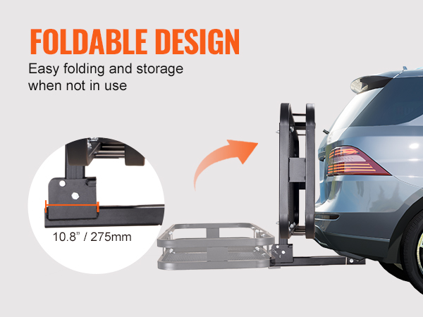 foldable VEVOR hitch cargo carrier attached to suv, highlighted for easy folding and storage.