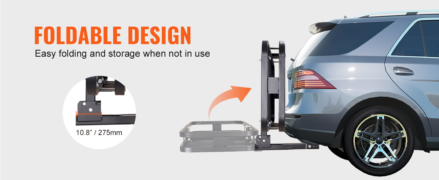 foldable VEVOR hitch cargo carrier attached to suv, highlighted for easy folding and storage.