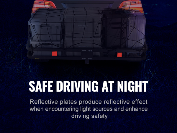 vehicle with VEVOR hitch cargo carrier at night, displaying reflective plates for enhanced safety.
