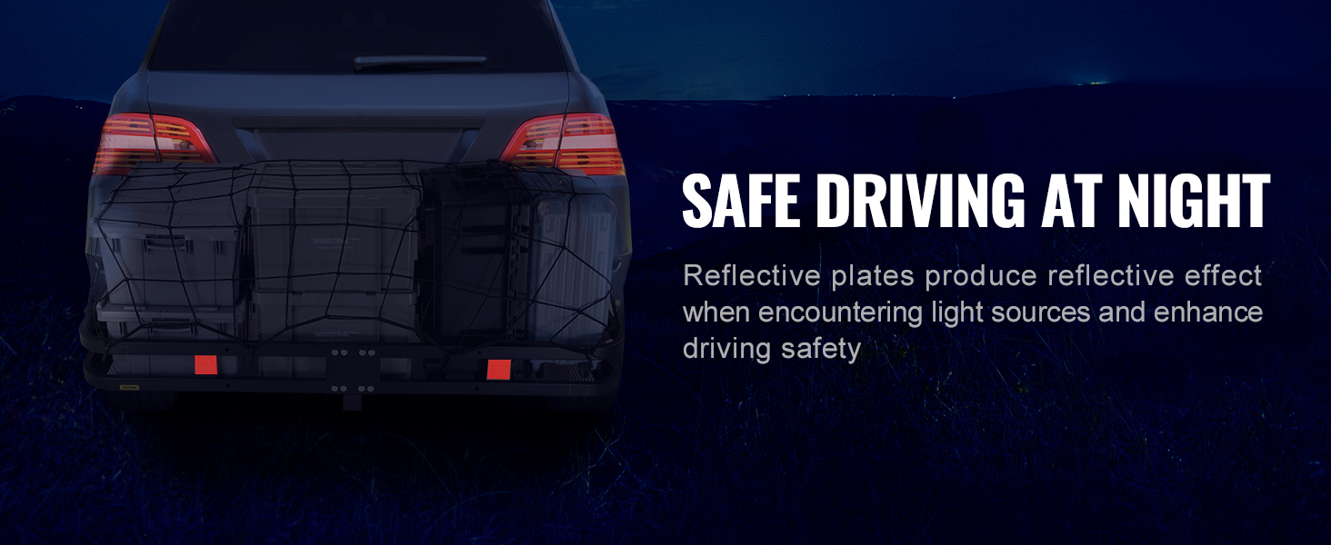 vehicle with VEVOR hitch cargo carrier at night, displaying reflective plates for enhanced safety.