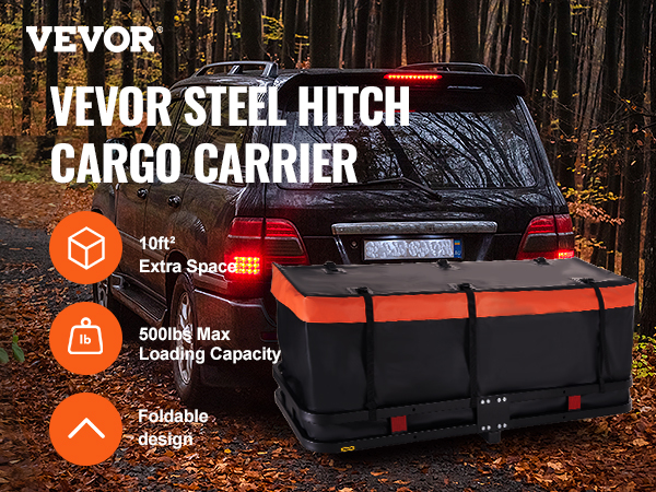 VEVOR hitch cargo carrier on suv, 10ft² extra space, 500lbs max load, foldable design, autumn forest.