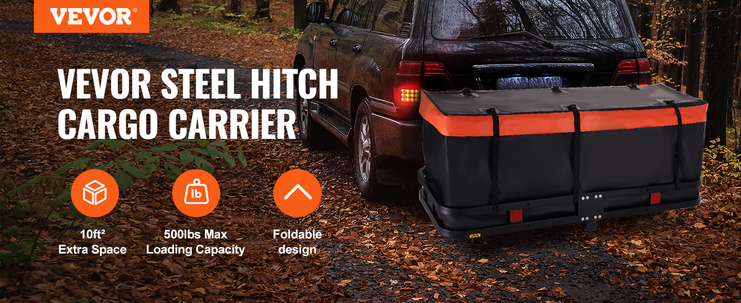 VEVOR hitch cargo carrier on suv, 10ft² extra space, 500lbs max load, foldable design, autumn forest.