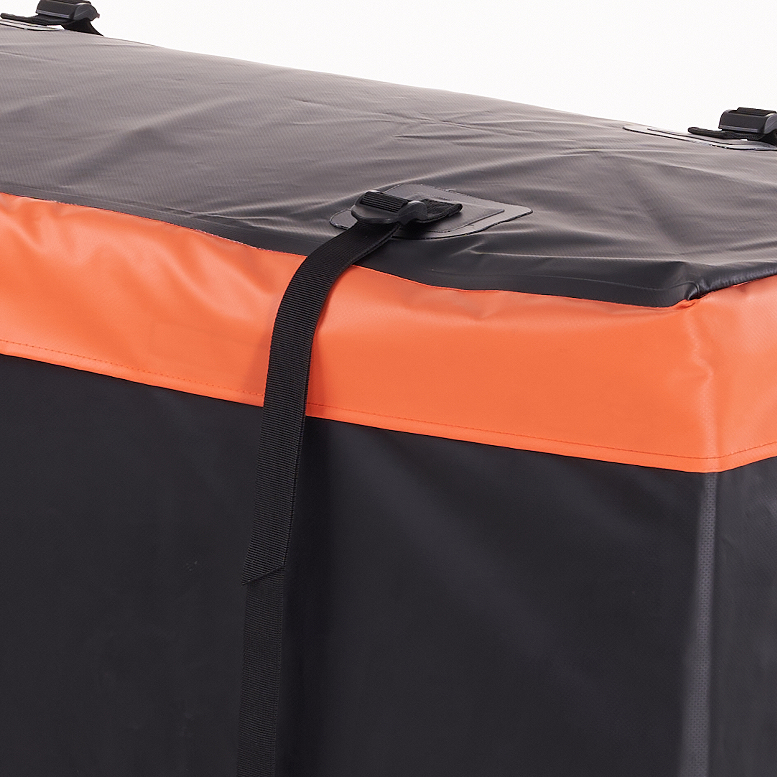 black and orange VEVOR hitch cargo carrier with a secured strap on the top corner.