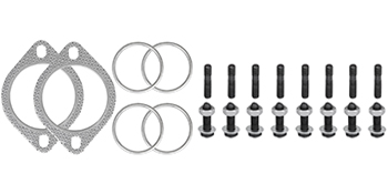 VEVOR exhaust manifold components including gaskets, bolts, and rings arranged in a row.